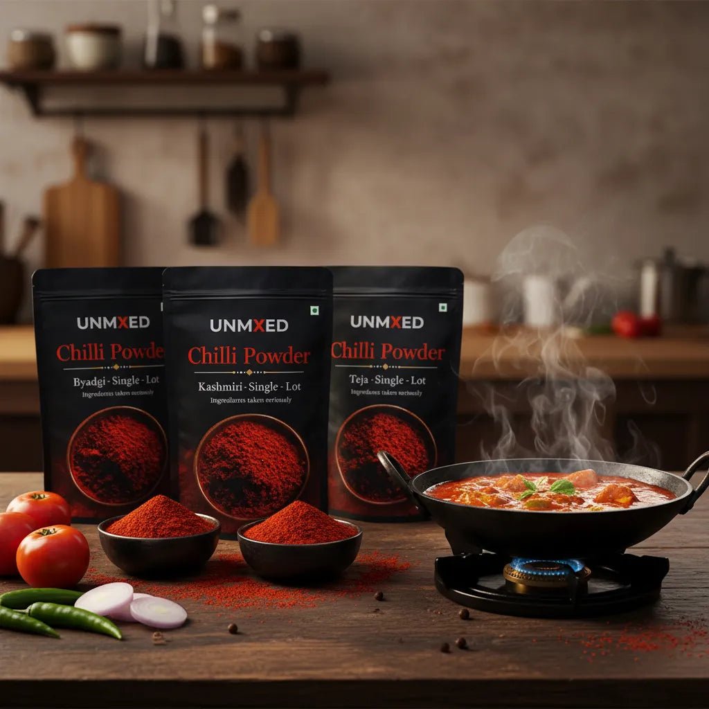 UNMIXED Chilli Trio Combo – Teja, Byadgi & Kashmiri | 3 x 250g (750g Total) chilli powder - pure, no artificial colour - UNMIXED