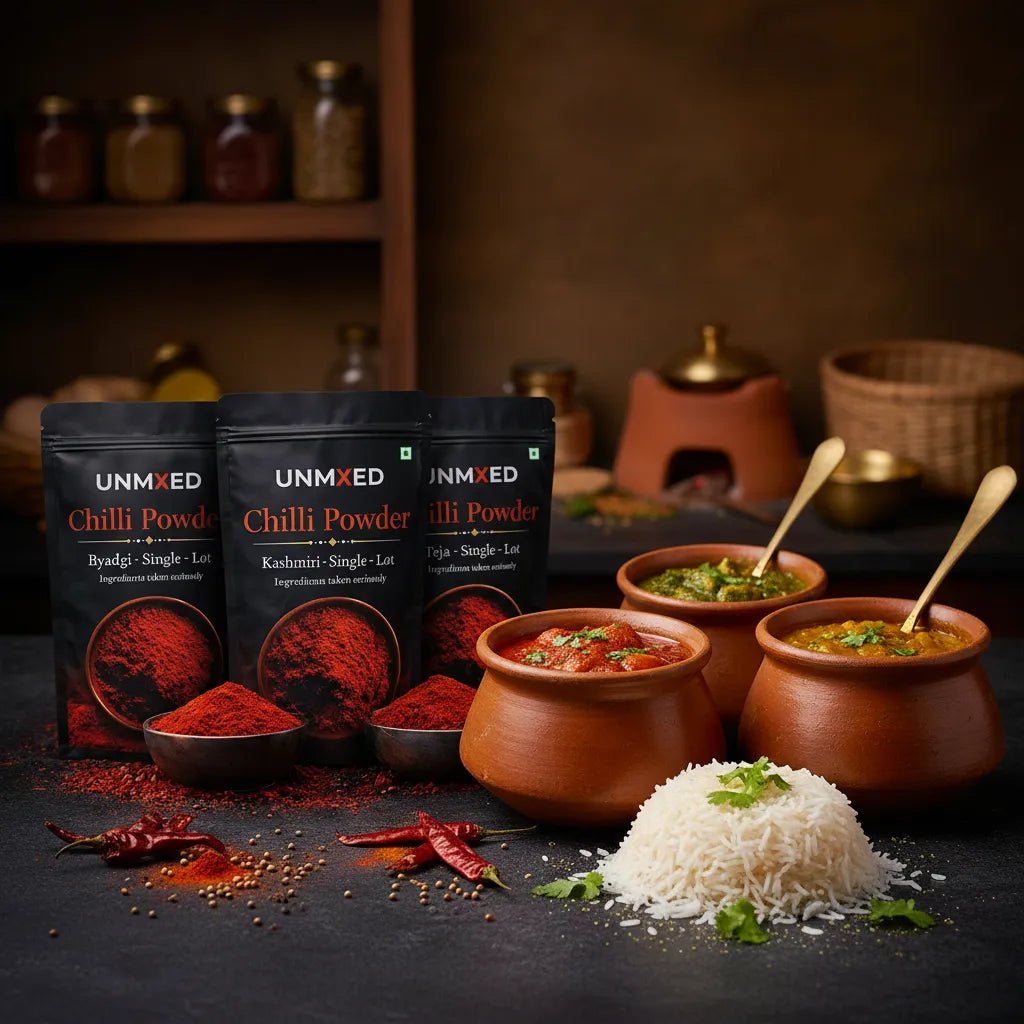 UNMIXED Chilli Powder Combo – Teja, Byadgi & Kashmiri | 3 x 500g Family Pack chilli powder - pure, no artificial colour - UNMIXED