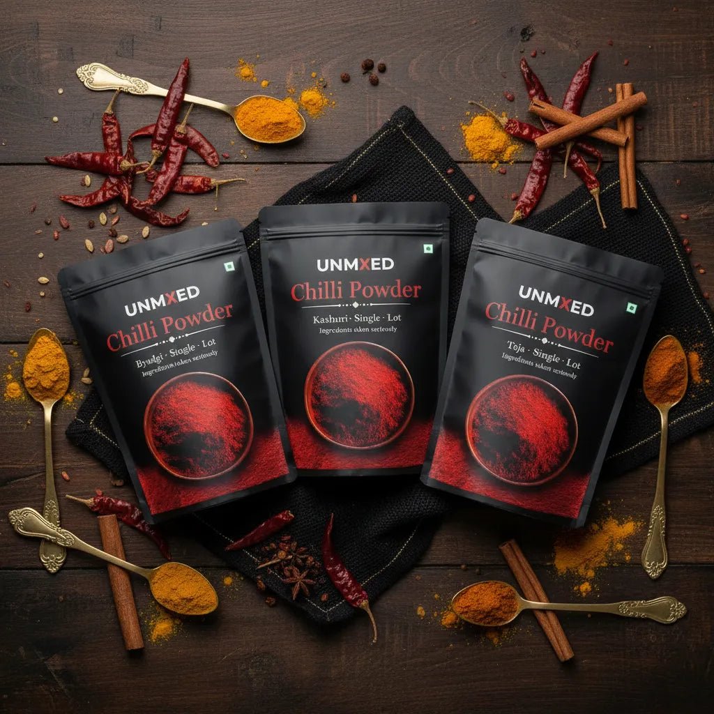 UNMIXED Chilli Trio Combo – Teja, Byadgi & Kashmiri | 3 x 250g (750g Total) chilli powder - pure, no artificial colour - UNMIXED