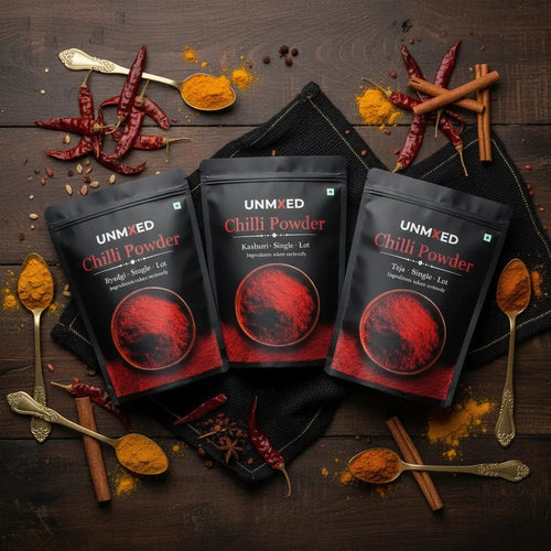 UNMIXED Chilli Trio Combo – Teja, Byadgi & Kashmiri | 3 x 250g (750g Total) chilli powder - pure, no artificial colour - UNMIXED