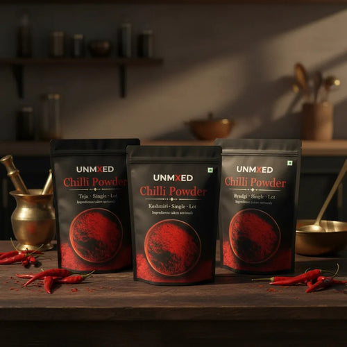UNMIXED Chilli Trio Combo – Teja, Byadgi & Kashmiri | 3 x 250g (750g Total) chilli powder - pure, no artificial colour - UNMIXED
