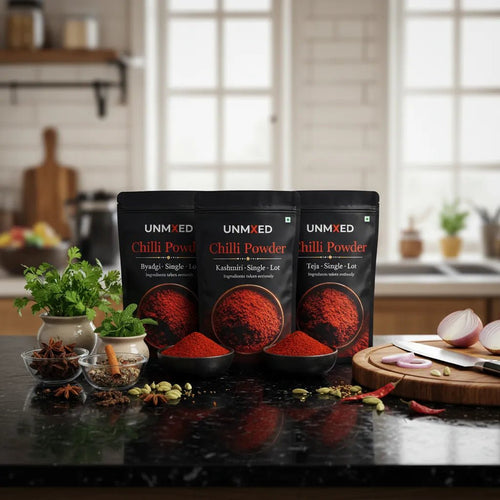 UNMIXED Chilli Powder Combo – Teja, Byadgi & Kashmiri | 3 x 500g Family Pack chilli powder - pure, no artificial colour - UNMIXED