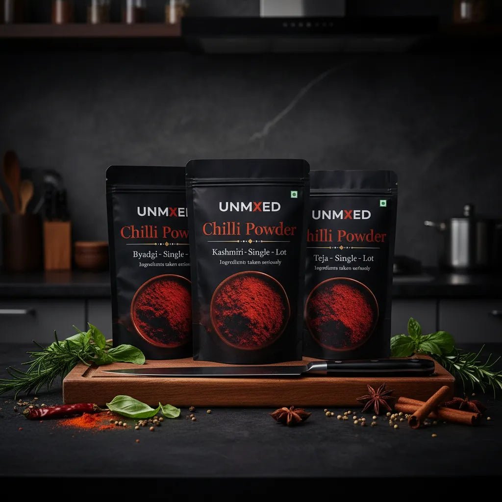UNMIXED Chilli Powder Combo – Teja, Byadgi & Kashmiri | 3 x 500g Family Pack chilli powder - pure, no artificial colour - UNMIXED